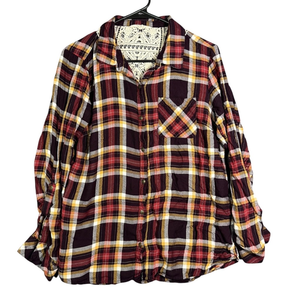 Womens Krazy Kat Brown Orange Plaid‎ Long Sleeve Shirt Lace Back Detail Size M